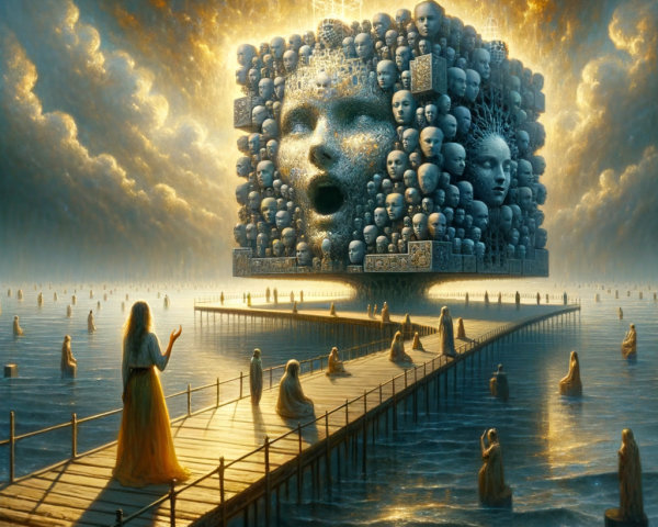 Surreal Landscape with Woman and Colossal Cube