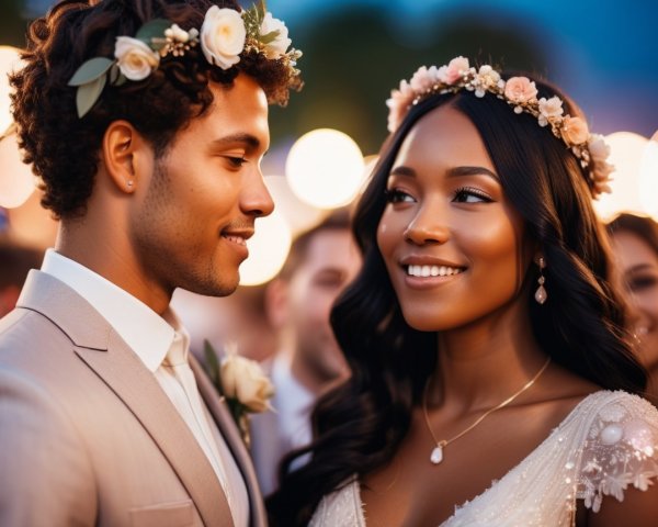 Romantic Couple in Light Suit and Bridal Gown