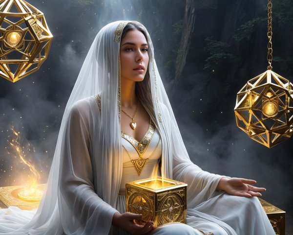 Serene Woman in White Gown in Mystical Forest Setting