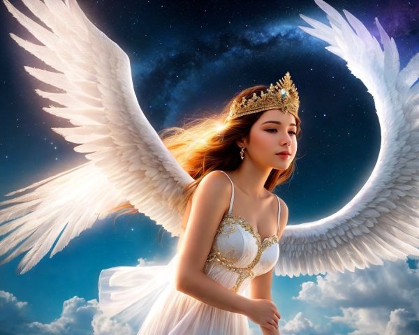 Angelic Figure with Ethereal Wings in Celestial Sky
