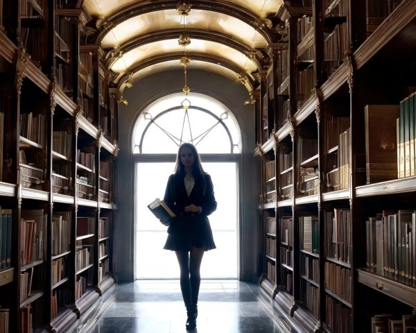 Mysterious Library with Tall Shelves and Soft Light