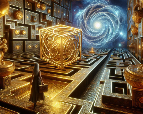 Lone Figure in Cloak Before Luminous Engraved Cube