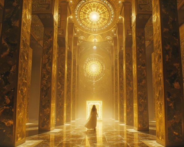 Grand Hall with Golden Light and Ornate Pillars