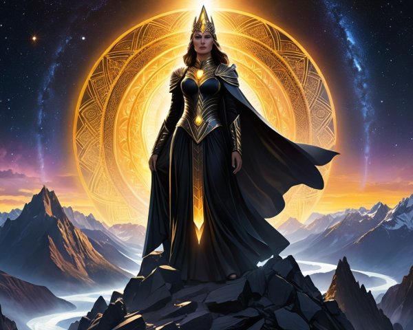 Majestic Female Figure in Golden Armor on Mountain Top