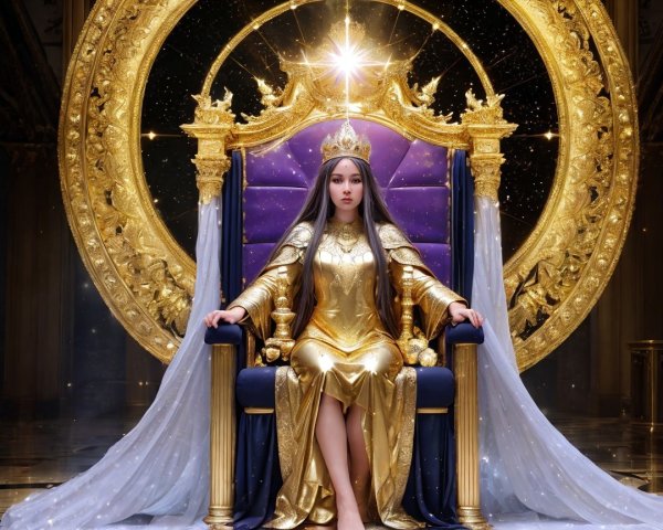 Regal figure on ornate golden throne with starburst glow
