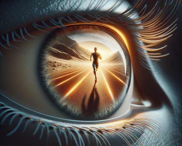 Close-Up of Human Eye Reflecting Runner in Landscape