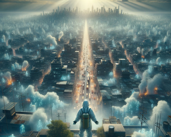 Lone Figure in Suit Overlooks Futuristic Cityscape