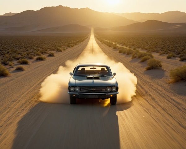 Vintage muscle car on a desert road at sunset