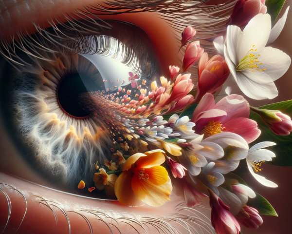 Macro Close-Up of a Human Eye with Colorful Flowers
