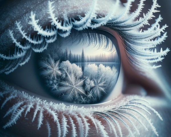 Macro Eye Shot with Frosty Eyelashes and Winter Scene