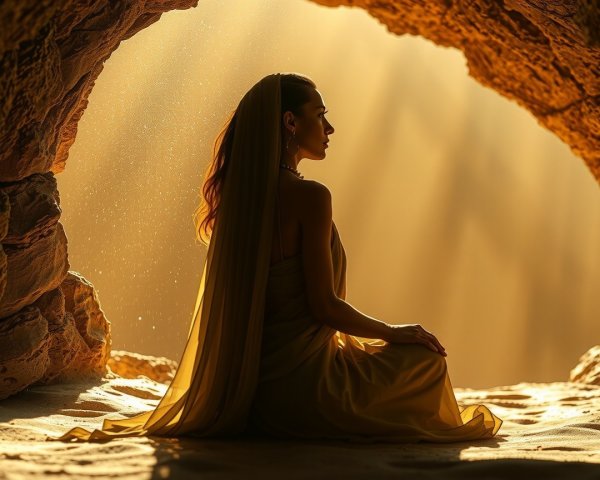 Silhouette of a Woman in a Cave with Golden Garment