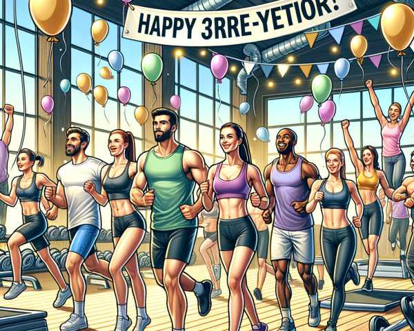 Vibrant Fitness Celebration in a Bright Gym Setting