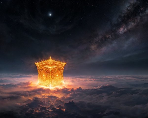 Golden cube floating above clouds under starry sky