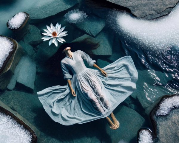 Serene Scene of a Figure in Clear Water and Ice