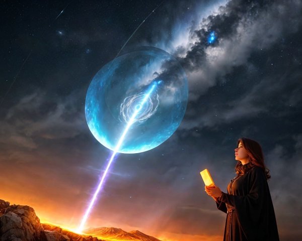 Mystical Woman with Crystal Under Celestial Orbs