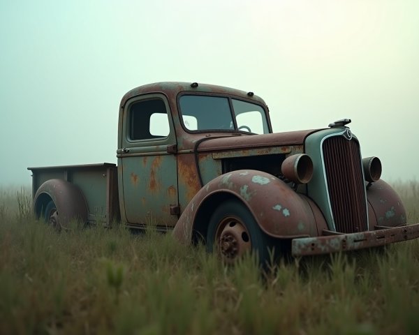 Abandoned Rusty Pickup Truck in Foggy Field