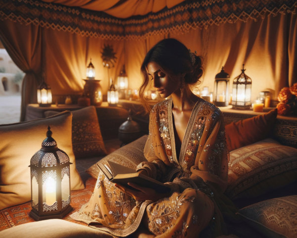 Young Woman in Golden Robe Reading in Lantern Lit Tent