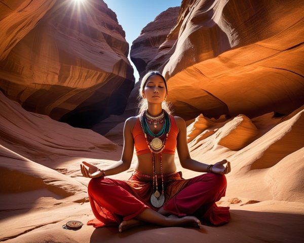 Meditation in a Canyon Landscape with Vibrant Attire
