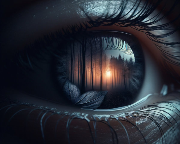 Close-up of an eye reflecting a serene forest scene