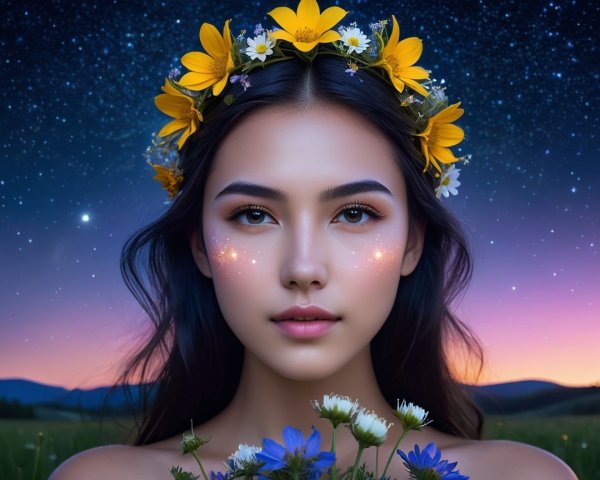 Close-up Portrait of Woman with Floral Crown and Stars