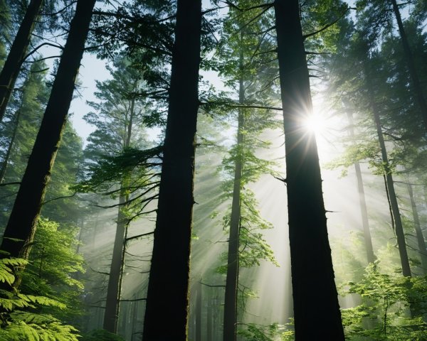 Sunlight and Mist in a Lush Forest Setting