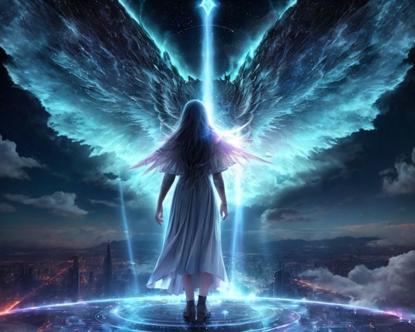 Figure with Wings in Radiant Blue Light and Skyline