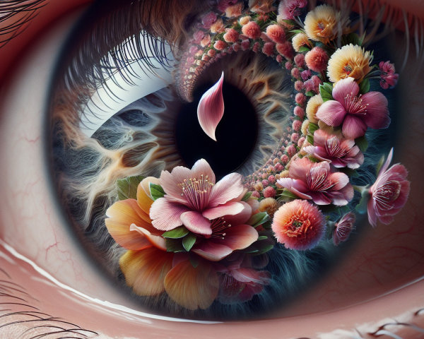 Close-up of a vibrant eye with floral fractal iris
