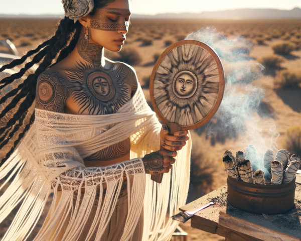 Woman in sunlit desert with tattoos and mirror
