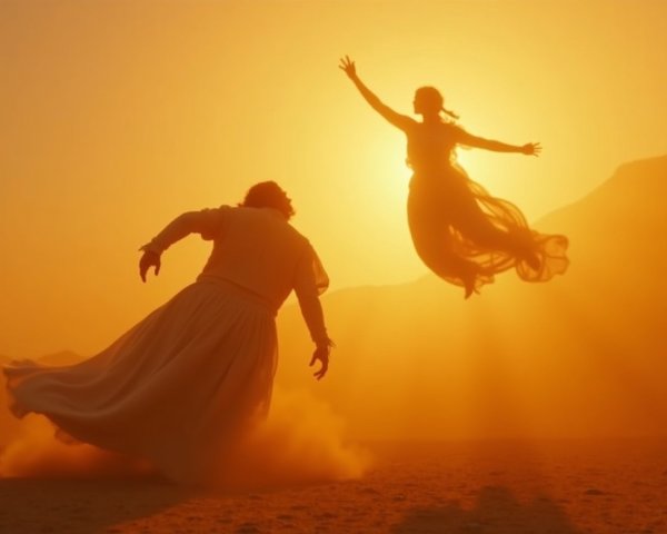 Golden Sunset with Man and Woman in Flowing Garments