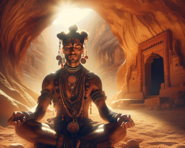 Serene Figure in Dim Cave with Sunlight and Jewelry