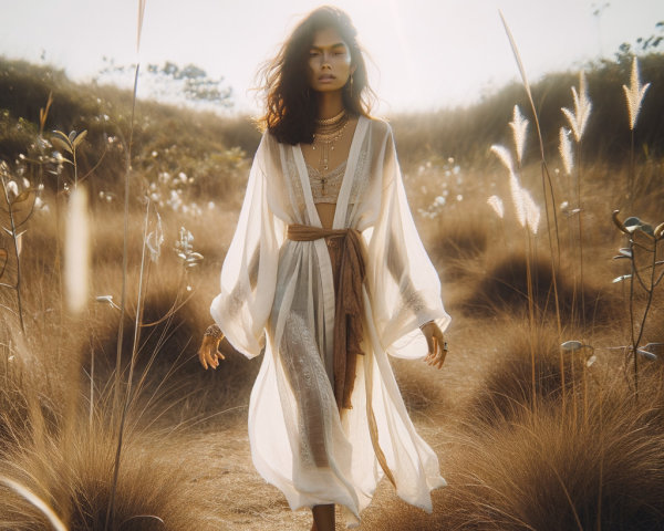 Woman in flowing robe in sunlit field of wildflowers