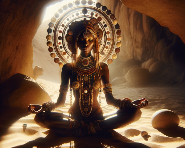 Regal Figure Meditating in Mystical Cave Setting