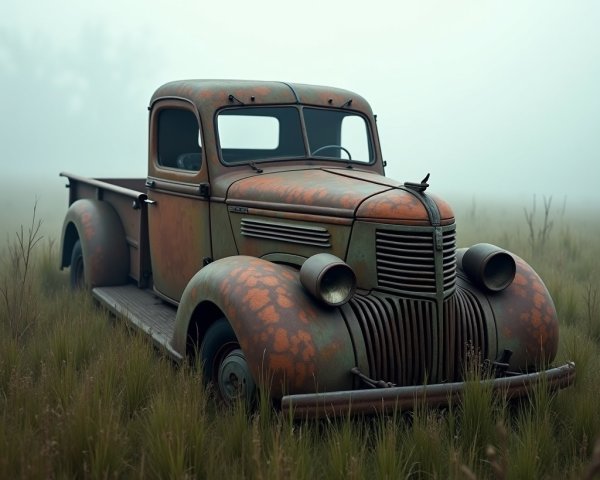 Abandoned Vintage Pickup Truck in Misty Field