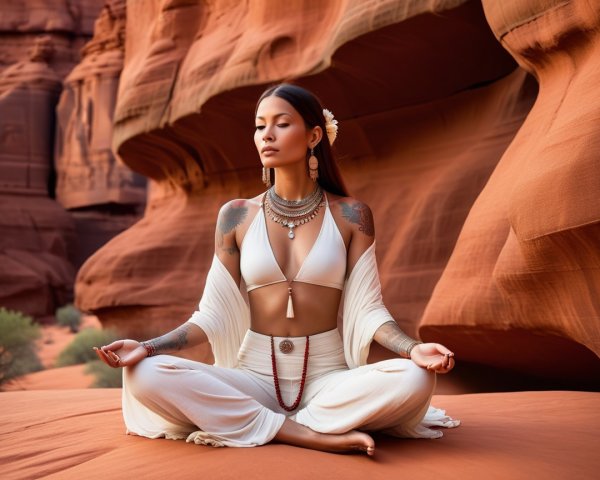 Serene Woman Meditating Among Red Rock Formations