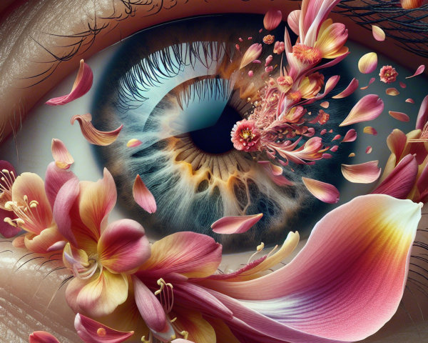 Hyper-realistic eye surrounded by vibrant flowers