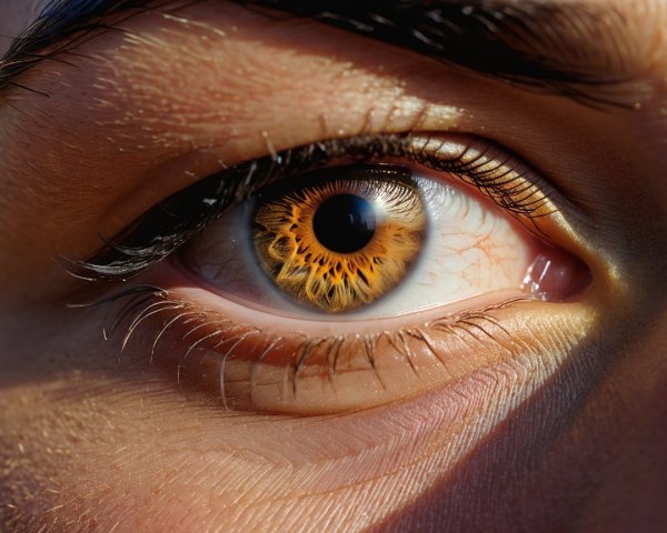 Close-up of an eye with amber and brown iris details