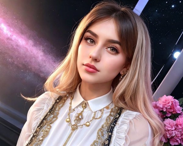 Young woman in white blouse with starry background
