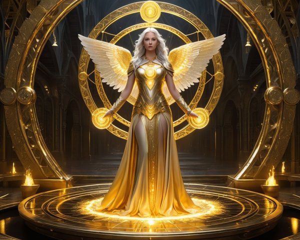 Majestic figure in golden gown with radiant wings