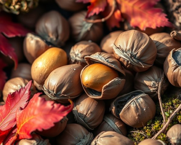Dried Seed Pods with Bright Orange Seeds and Autumn Leaves