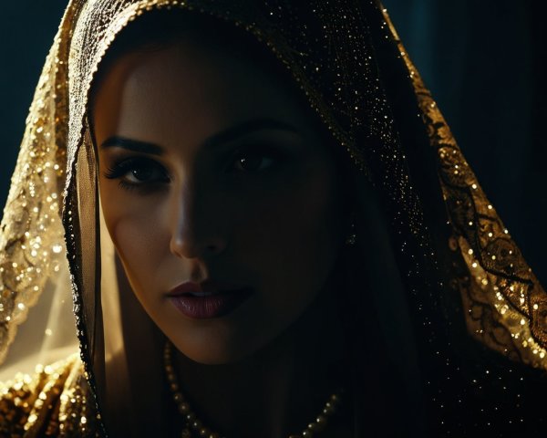 Woman in golden scarf with soft dramatic lighting