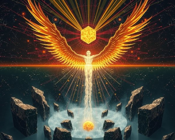 Celestial Figure with Golden Wings Above Water