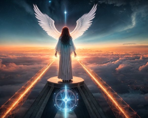 Majestic figure with wings at sunset on a platform