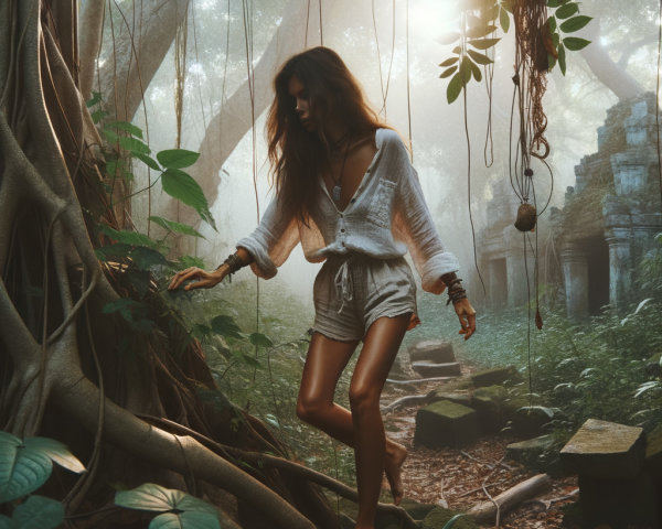 Young Woman in Ancient Jungle with Stone Ruins