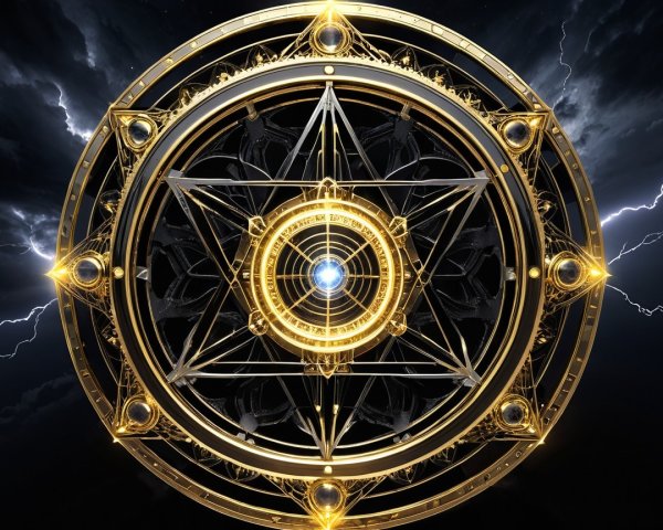 Geometric Design with Central Orb and Golden Patterns