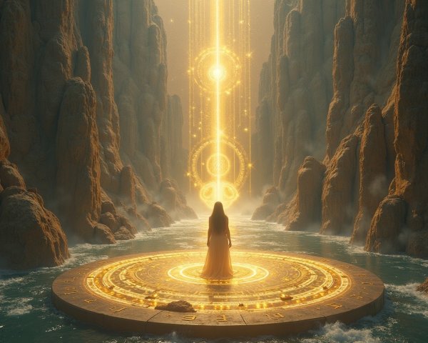 Mystical Canyon with Figure on Ornate Water Platform