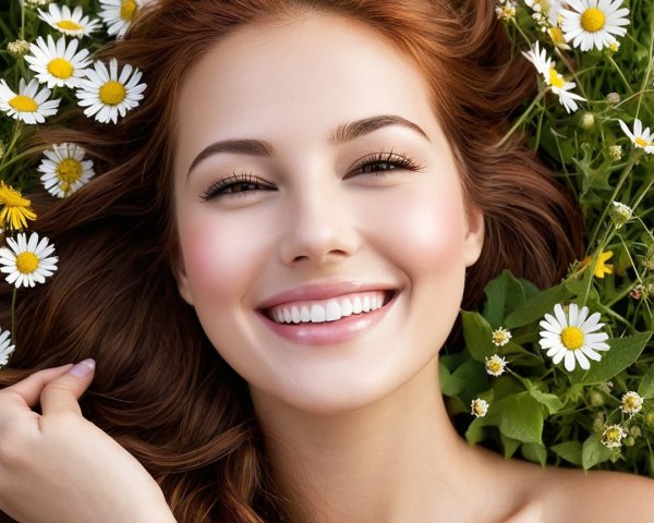 Young Woman Smiling in a Flower-filled Meadow