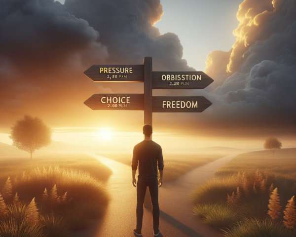 Figure at Crossroads with Four Signposts in Nature