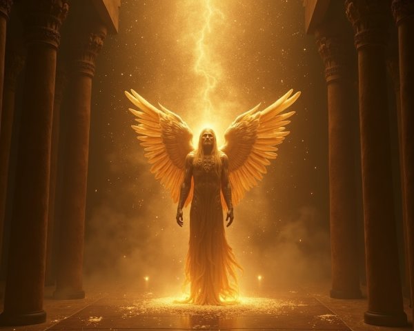 Majestic Figure with Golden Wings in Dim Temple