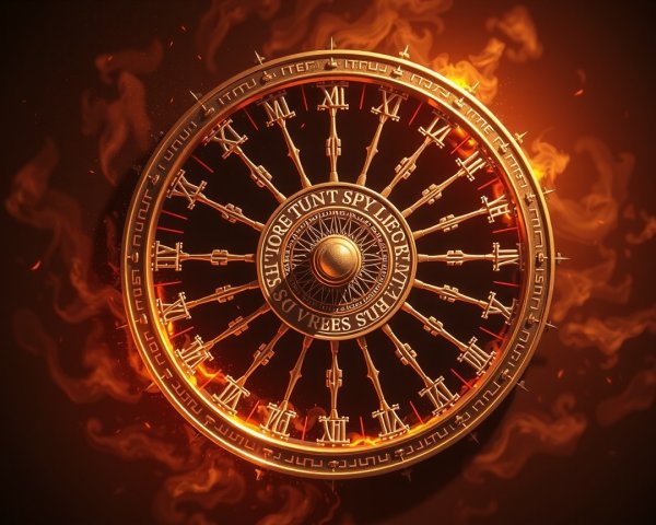 Ornate Glowing Wheel with Roman Numerals and Flames