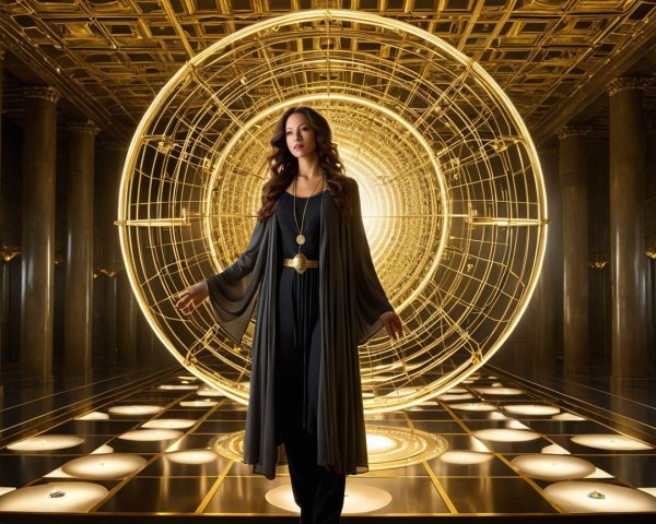 Confident Woman in Elegant Attire by Golden Sphere
